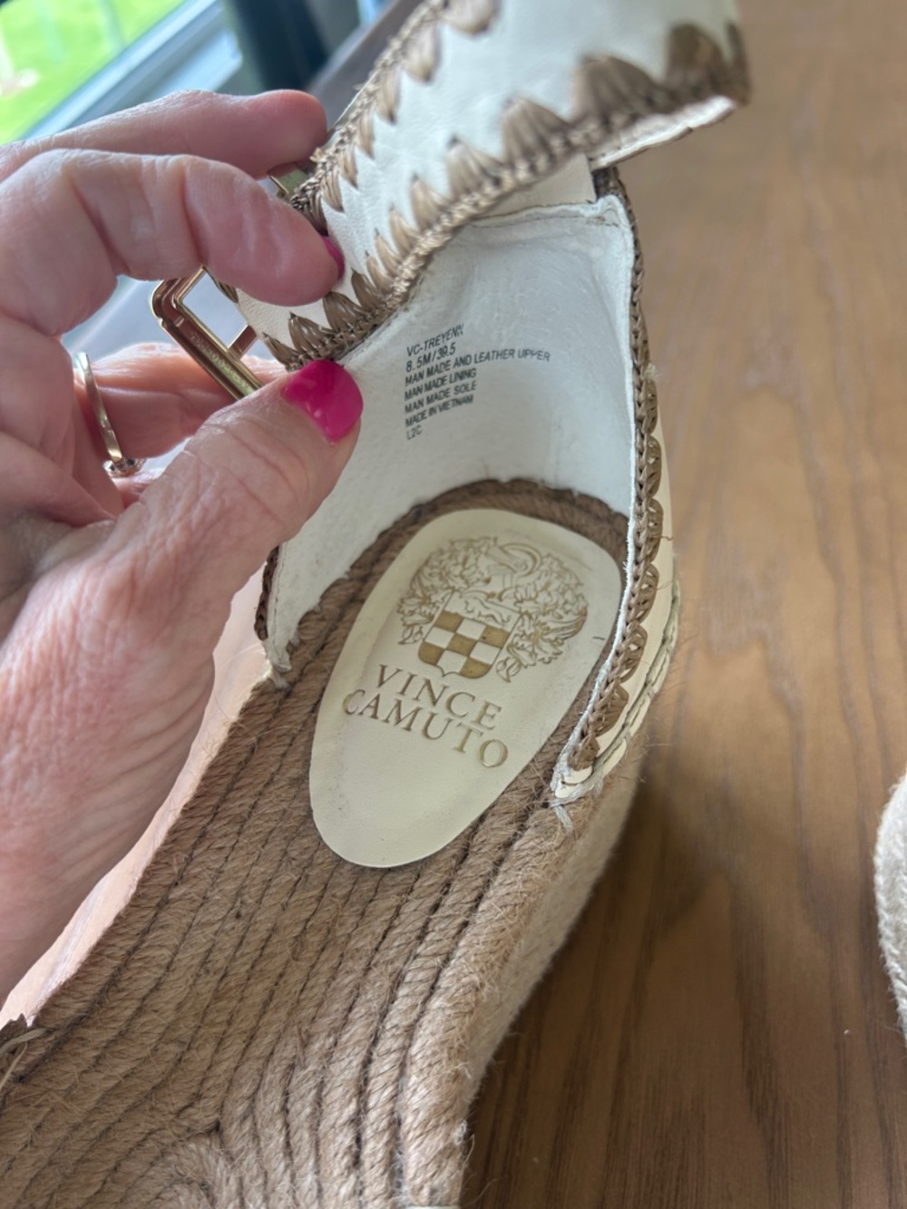 Vince Camuto Cream and Tan Espadrille Platform Wedges with Ankle Strap - Picture 3 of 3
